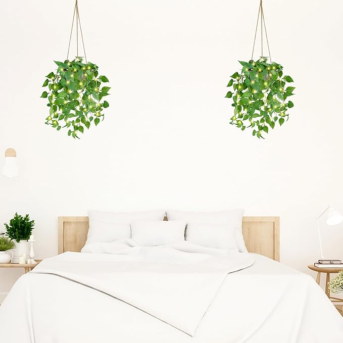 2 Pack Hanging Plant Fake Hanging Plants with LED Lights, Artificial Hanging Plant with Pots, Artificial Plants for Home Decor Wall Indoor Outdoor Office Decor
