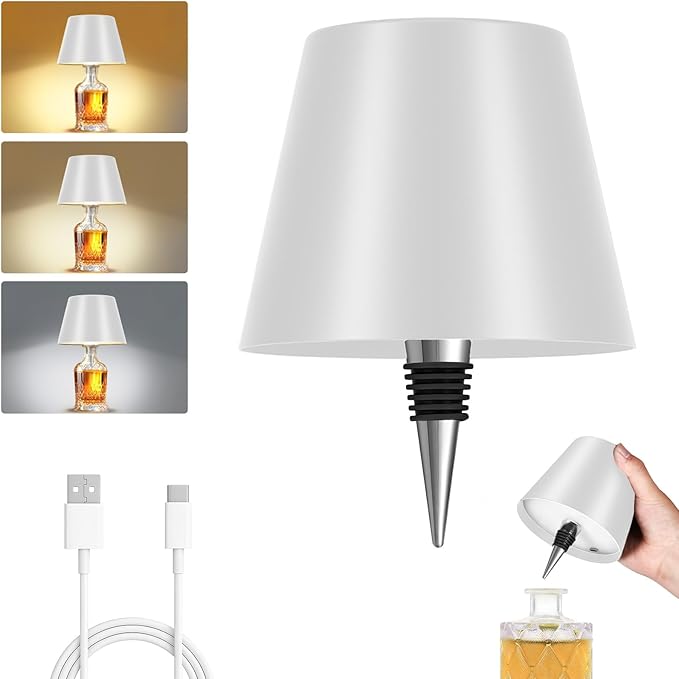 Rechargeable Wireless Bottle Lamp - 3 Color Stepless Dimmable, Metallic White Lampshade, 5H Bright Light or 48H Soft Glow,Ideal for Home Décor, Parties, Bar