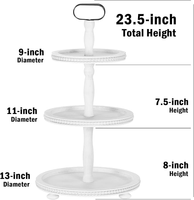 Urban Deco Wooden Tiered Tray 3-Tier Decorative Tray Stand Farmhouse Serving Tray, Round Wooden Cupcake Display Stand with Metal Handle, White Tiered Fruits Tray for Home Party Decorations