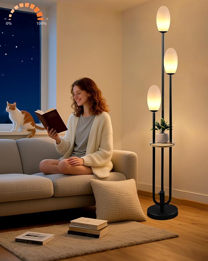 Black Dimmable Floor Lamp with Table, Unique Candle Holder Style Tall Standing Lamps with 3000K G9 Bulbs for Reading, Mid Century Modern Floor Lamp for Living Room Bedroom Office
