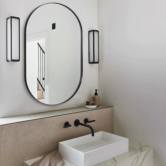 ANDY STAR Black Oval Mirror, 26x38'' Pill Shaped Mirror 1’’ Deep Metal Frame Wall Mounted Vertically&Horizontally Ideal for Limited Space