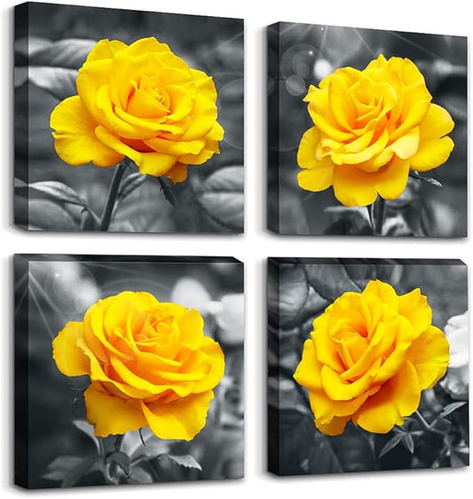 Canvas Wall Art For Living Room Family Wall Decor For Bedroom Modern Kitchen Wall Decorations Black And White Wall Pictures Artwork Yellow Rose Flowers Canvas Art Prints Bathroom Home Decor 4 Piece