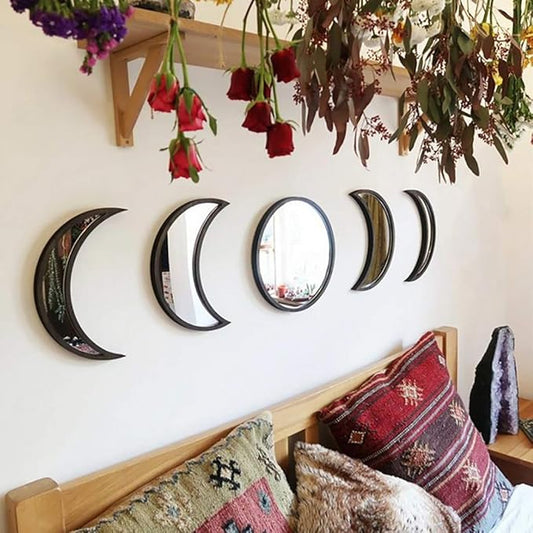 5 Pieces Scandinavian Natural Decor Acrylic Wall Decorative Interior Design Wooden Moon Phase Mirror Bohemian Wall Decoration for Home Living Room Bedroom - Not Real Mirror(Black)