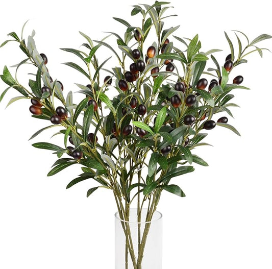 3pcs Artificial Plants Greenery Olive Branches Stems Fake Plants Green Leaves Fruits Branch Leaves for Home Office ndoor Outside DIY-Wreath Decor 27-Inch (3)