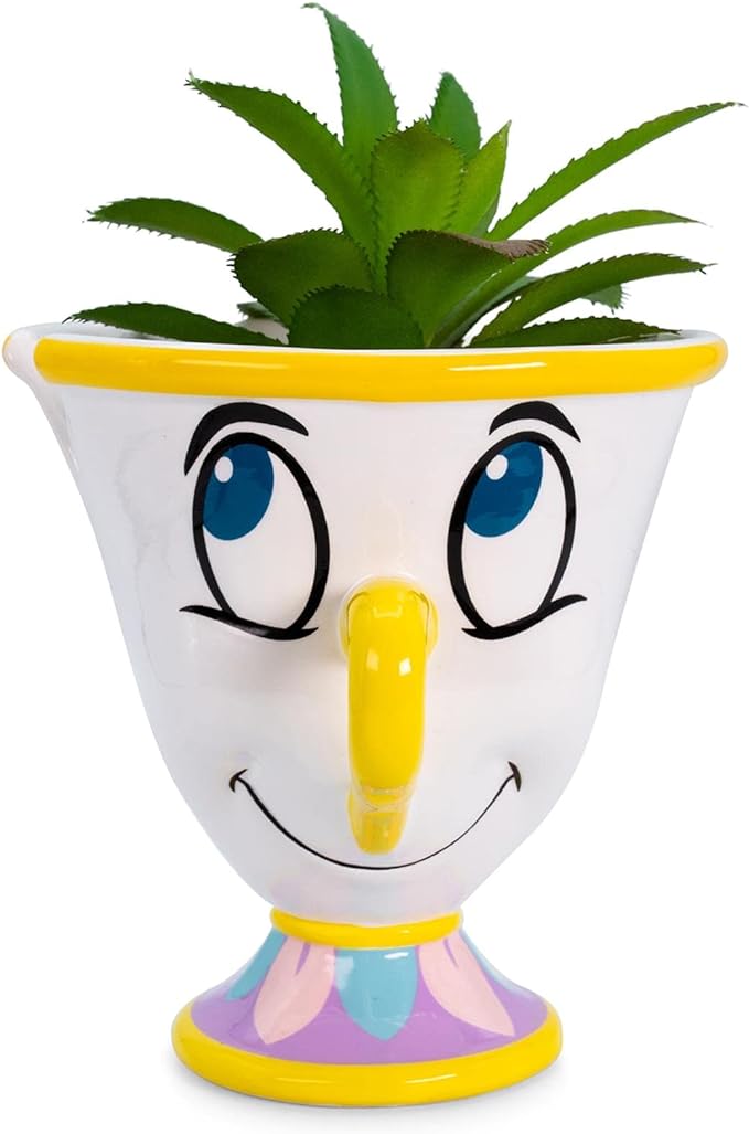 Silver Buffalo Disney Beauty and The Beast Chip 3-Inch Ceramic Mini Planter with Artificial Succulent | Small Flower Pot, Faux Indoor Plants for Desk Shelf, Home Decor Trinket Tray and Collectibles