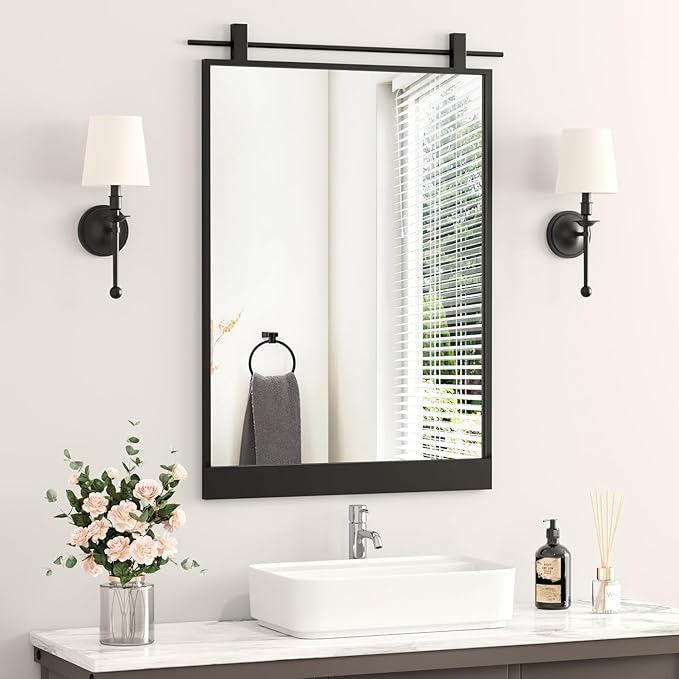 Black Bathroom Mirror 24" x 36" Rustic Matte Black Rectangle Framed Barn Door Farmhouse Mirror for Bathroom Vanity Foyer Entryway Decor