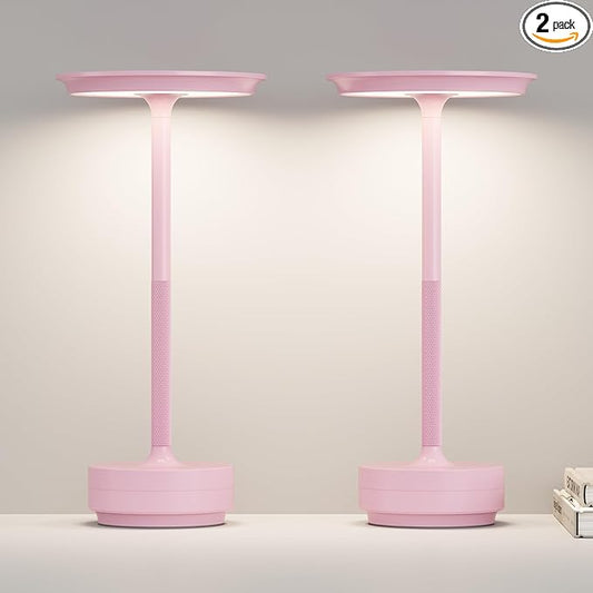Cordless Table Lamp Set of 2, Type-C Rechargeable 5000mAh Battery Powered LED Table Lamps with Memory Function,3 Color Stepless Dimming for Outdoor Patio, Restaurant, Cafe(2P Pink)