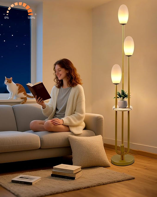 Lightdot Gold Dimmable Floor Lamp with Table, 63IN Mid-Century Oval Floor Lamps with Bulbs Included, 3-Lights Candle Holder Style Modern Tall Standing Lamp for Living Room/Sofa Beside/Corner Decor