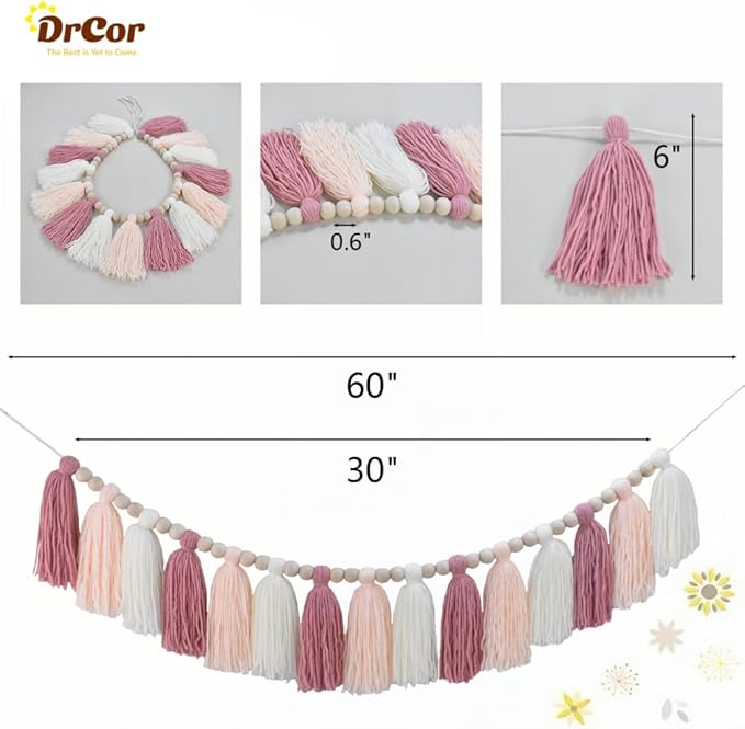 DrCor Pastel Pink Boho Tassel Garland – Blush Nursery Wall Decor for Girls Bedroom, Kids Room or Dorm, Gender Reveal or Baby Shower Backdrop, Bohemian Mantel or Entryway Decoration