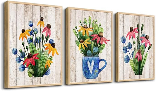 Natural Wood Framed Vintage Wood Grain Plant Flowers Wall Art For Kitchen Wall Decorations For Living Room Bathroom Wall Decor 3 Pieces Framed Canvas Print Artwork Modern Office Home Decor Painting