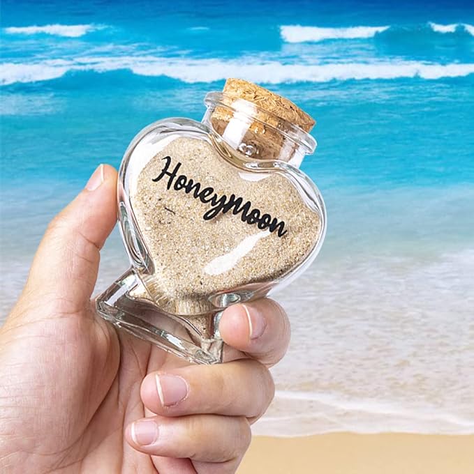 Honeymoon Sand Keepsake Jar, Bridal Shower, Wedding, Engagement, Honeymoon, Travel Gift for Couples, Newlywed, Fiance(Gift Box Includes) - 40ml Heart Shape Glass