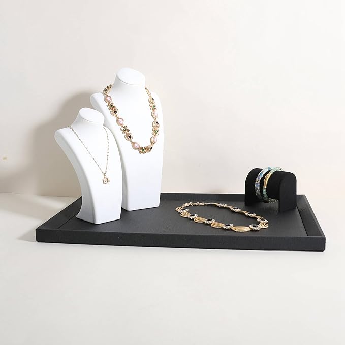 GemeShou Gemehou faux PU leather Jewelry Viewing Tray, Stackable Jewelry Plate, Rectangle Jewelry showcase, Empty Jewelry tray for Necklace Bracelet Ring Earring Watch (Black-Large, 17.7 x 11.8 in)