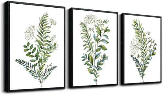 Black Framed 3 Pieces Framed Wall Art For Living Room Bathroom Wall Decorations Kitchen Wall Decor Canvas Print Decor Modern Simple Bedroom Home Decoration Green Leaves Poster Wall Paintings