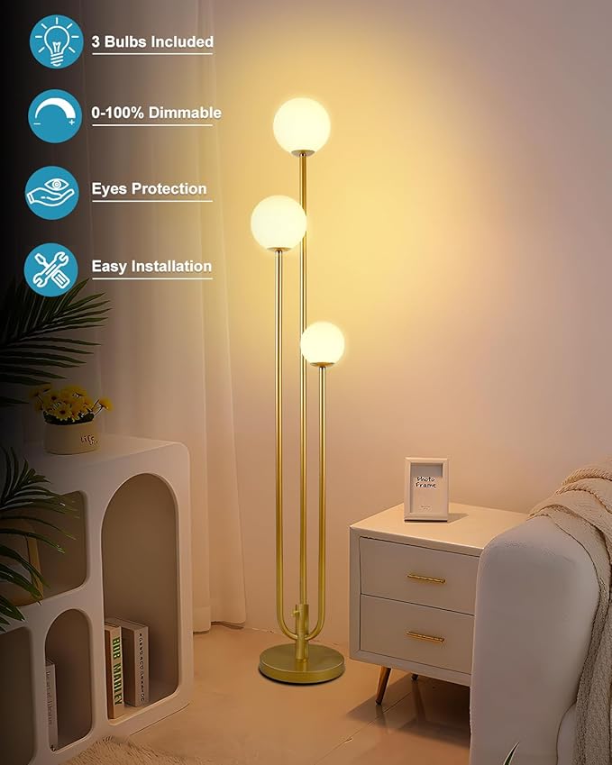 Lightdot 63IN Gold Floor Lamp Dimmable 3-Lights Globe LED Floor Lamps with 3000K Soft Warm White for Wedding/Party Candle Holder Style Tall Lamp for Living Room/Bedroom/Sofa Beside/Corner Decor