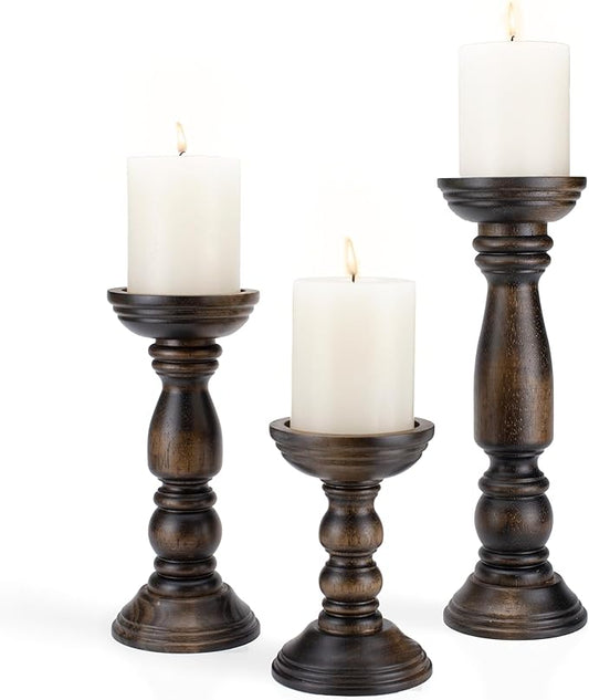 Farmhouse Wooden Candle Holders for Pillar Candles Set of 3, Rustic Wood Candle Holder Table Centerpiece Decor, 12'' 9'' 6'' Vintage Tall Candle Stand Decorative, Dark Brown