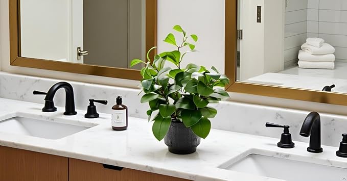 19" Artificial Ficus Plant in Textured Black Ceramic Planter Tall Faux Plant with Deep Green Leaves for Modern Home Office Shelf Bathroom Tabletop Indoor Decor