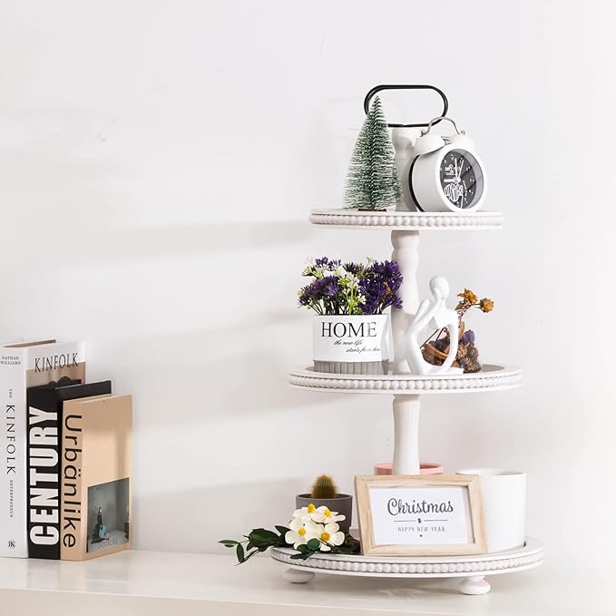 Urban Deco Wooden Tiered Tray 3-Tier Decorative Tray Stand Farmhouse Serving Tray, Round Wooden Cupcake Display Stand with Metal Handle, White Tiered Fruits Tray for Home Party Decorations
