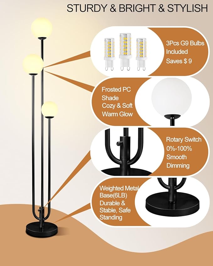 Lightdot 63IN Black Floor Lamp Dimmable with Candle Holder Style Mid Century Standing Lamps, 3000K Warm White Bulbs Included, Modern Globe Floor Lamp for Living Room/Bedroom/Sofa Beside/Corner Decor