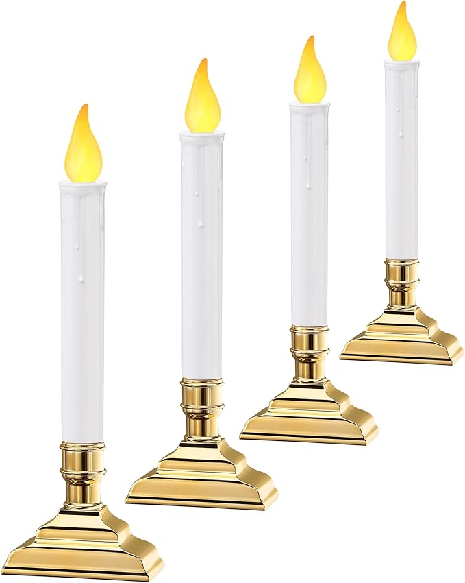 SURAIELEC 4 Pack Battery Operated Window Candles, Dusk-to-Dawn Window Lights with Removable Candle Holders, LED Flameless Candlesticks for Christmas Window, Mantel, Dining Table, Gloss Gold