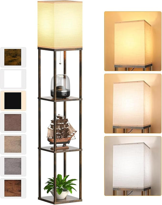Floor Lamp with Shelves for Living Room Brown, Shelf Floor Lamp with 3 CCT LED Bulb, Corner Display Standing Column Lamp Etagere Organizer Tower Nightstand with White Linen Shade for Bedroom