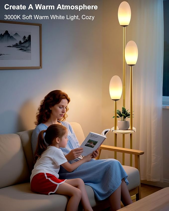 Lightdot Gold Dimmable Floor Lamp with Table, 63IN Mid-Century Oval Floor Lamps with Bulbs Included, 3-Lights Candle Holder Style Modern Tall Standing Lamp for Living Room/Sofa Beside/Corner Decor