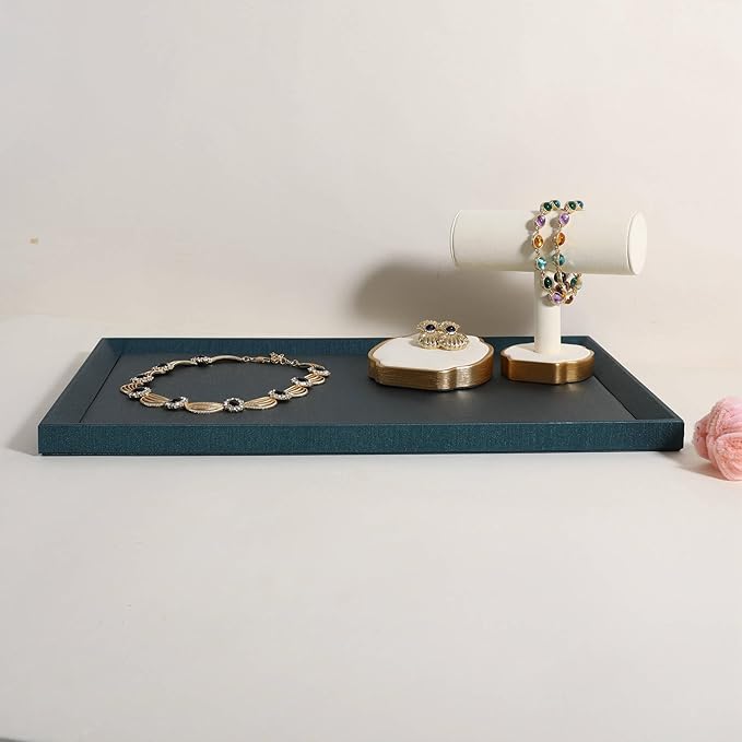 GemeShou Gemehou faux PU leather Jewelry Viewing Tray, Stackable Jewelry Plate, Rectangle Jewelry showcase, Empty Jewelry tray for Necklace Bracelet Ring Earring Watch (Green-Large, 17.7 x 11.8 in)