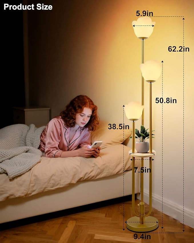 Lightdot 63IN Floral Floor Lamp 3-Lights Flower LED Floor Lamps with 3000K Bulbs Included Candle Holder Style for Wedding Party Modern Gold Tall Floor Lamp for Living Room/Sofa Beside/Corner Decor