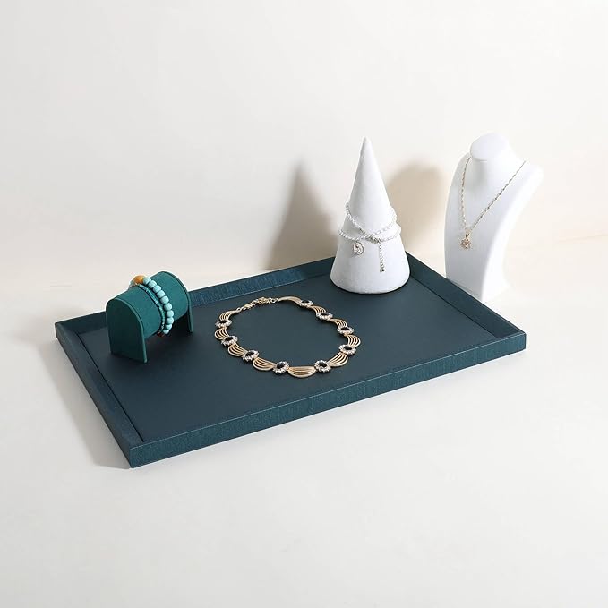 GemeShou Gemehou faux PU leather Jewelry Viewing Tray, Stackable Jewelry Plate, Rectangle Jewelry showcase, Empty Jewelry tray for Necklace Bracelet Ring Earring Watch (Green-Large, 17.7 x 11.8 in)