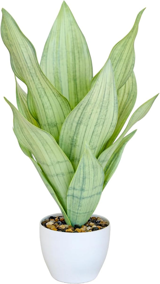 17" Artificial Snake Plant Potted,Fake Sansevieria Floor Plant Real Looking with White Planter for Centerpiece Home Decor (White&Green)