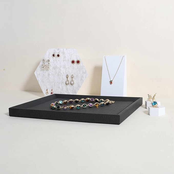 GemeShou Gemehou faux PU leather Jewelry Viewing Tray, Stackable Jewelry Plate, Rectangle Jewelry showcase, Empty Jewelry tray for Necklace Bracelet Ring Earring Watch (Black-Medium, 11.8 x 9.1 in)