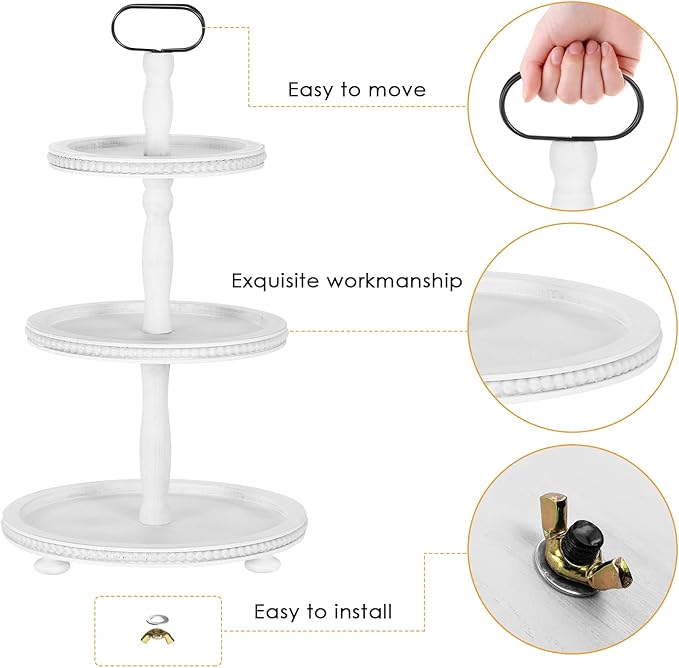 Urban Deco Wooden Tiered Tray 3-Tier Decorative Tray Stand Farmhouse Serving Tray, Round Wooden Cupcake Display Stand with Metal Handle, White Tiered Fruits Tray for Home Party Decorations