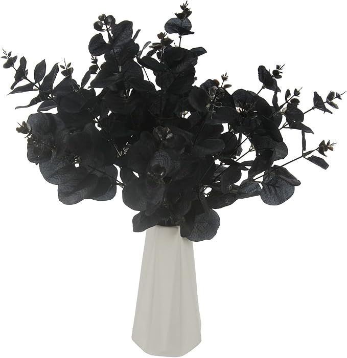 Tinsow 5 Pcs Black Artificial Eucalyptus Stems Faux Eucalyptuses Branches Black Leaf Halloween Centerpiece Halloween Home Decor (Black, 5)