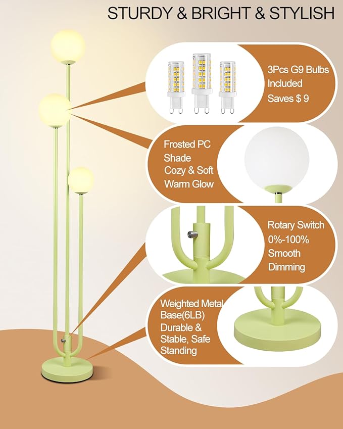 Lightdot 63IN Floor Lamp with 3 Green U-Pole, Modern Floor Lamp with 3000K Soft Warm White Bulbs Included, Candle Holder Style Modern Tall Lamp for Living Room/Wedding/Party/Sofa Beside/Corner Decor