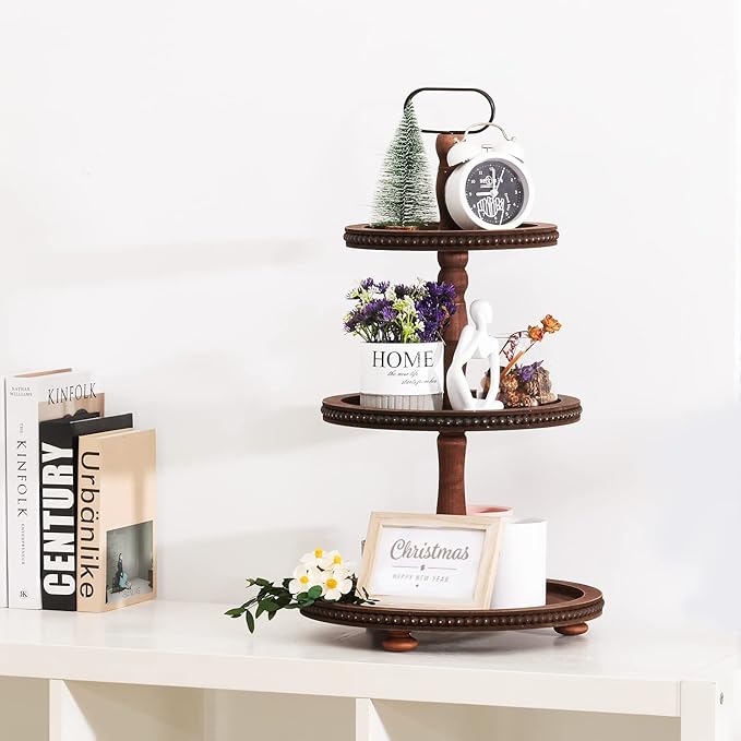 Urban Deco Wooden Tiered Tray 3-Tier Decorative Tray Stand Farmhouse Serving Tray, Round Wooden Cupcake Display Stand with Metal Handle, Brown Tiered Fruits Tray for Home Party Decorations