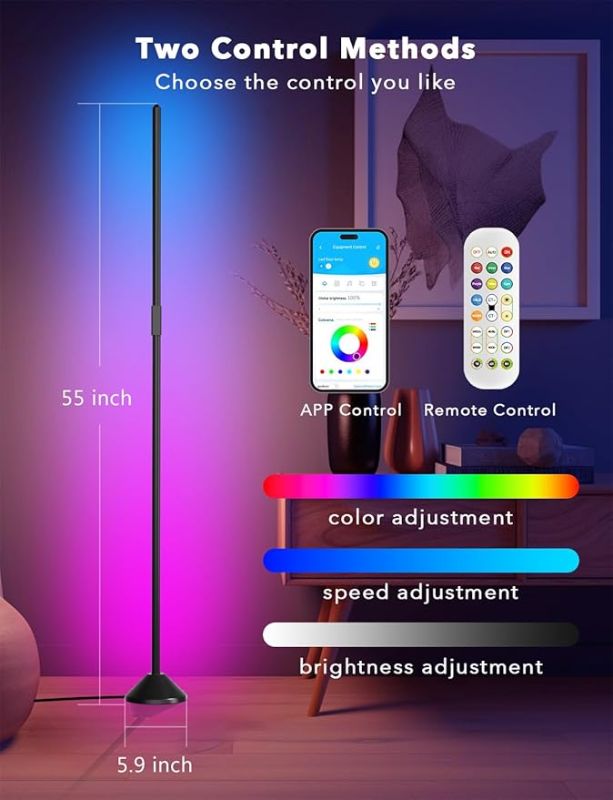 DAYBETTER Floor Lamp for Bedroom Compatible with Alexa, DIY 1200 Lumen Adjustable Brightness Smart Modern Floor Lamp with Music Sync,16 Million Colors LED Corner Lights for Living Room Black