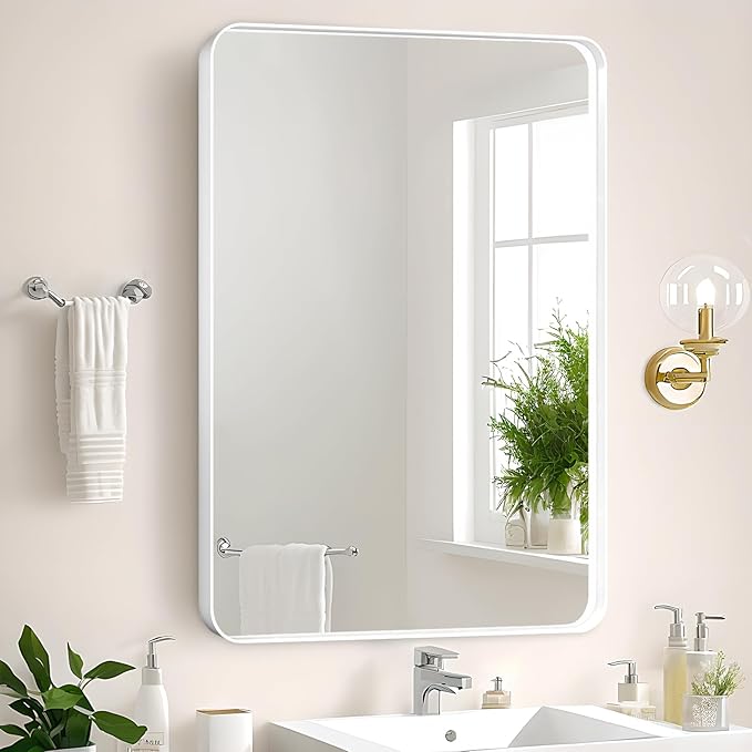 Bathroom Mirror 24x36 Inch Over Sink White Rectangular Metal Frame Mirror for Bathroom Wall, Matte Framed Large Rectangle Vanity Mirror for Restroom, Living Room, Entryway Decor