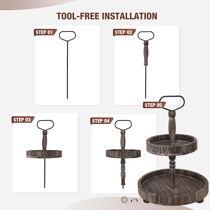 Farmhouse 2 Tiered Tray Stand for Home Decor, Wooden Serving Tray with Handle for Coffee Bar Table Centerpiece Round Seasonal Decorative Tiered Trays for Fruits, Desserts