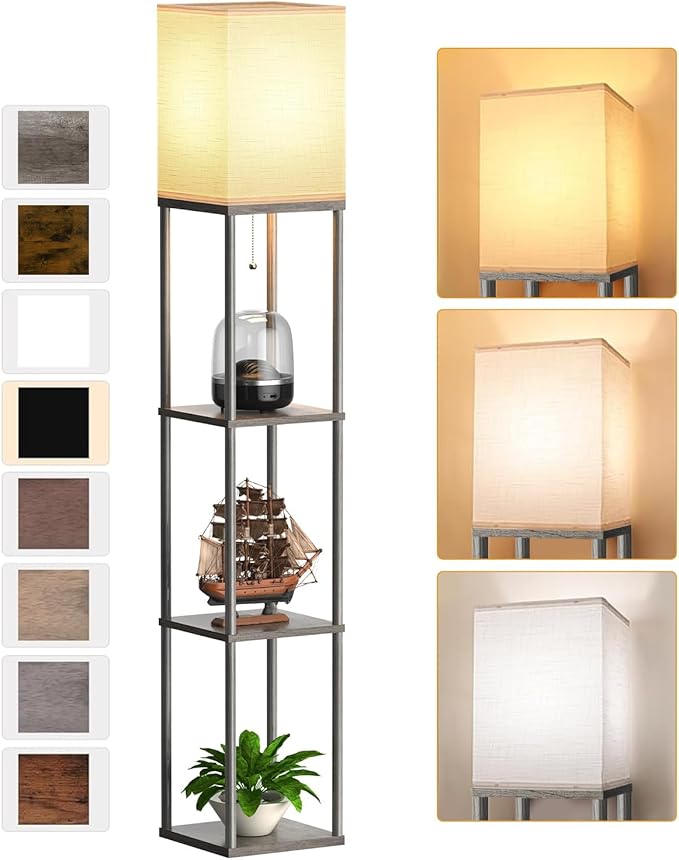 Floor Lamp with Shelves for Living Room Oak Gray, Shelf Floor Lamp with 3 CCT LED Bulb, Corner Display Standing Column Lamp Etagere Organizer Tower Nightstand with White Linen Shade for Bedroom Office