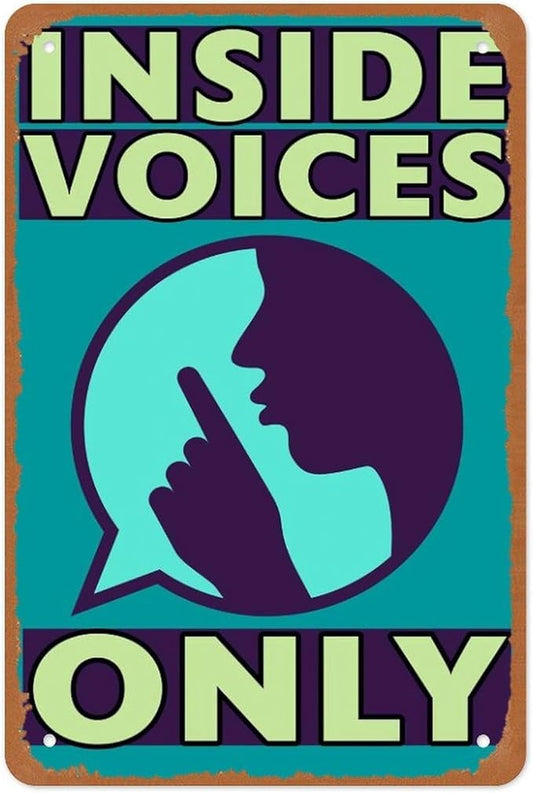 Inside Voices Only Metal Sign Poster 12x8 Inch Classroom Wall Decor Minimalist Modern Abstract Art Quiet Please Shhh Sign for School Library Office Door Living Room Bedroom Gifts