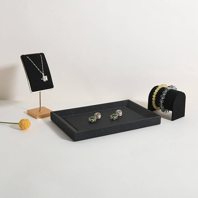 GemeShou Gemehou faux PU leather Jewelry Viewing Tray, Stackable Jewelry Plate, Rectangle Jewelry showcase, Empty Jewelry tray for Necklace Bracelet Ring Earring Watch (Black-Small, 9.1 x 5.9 in)