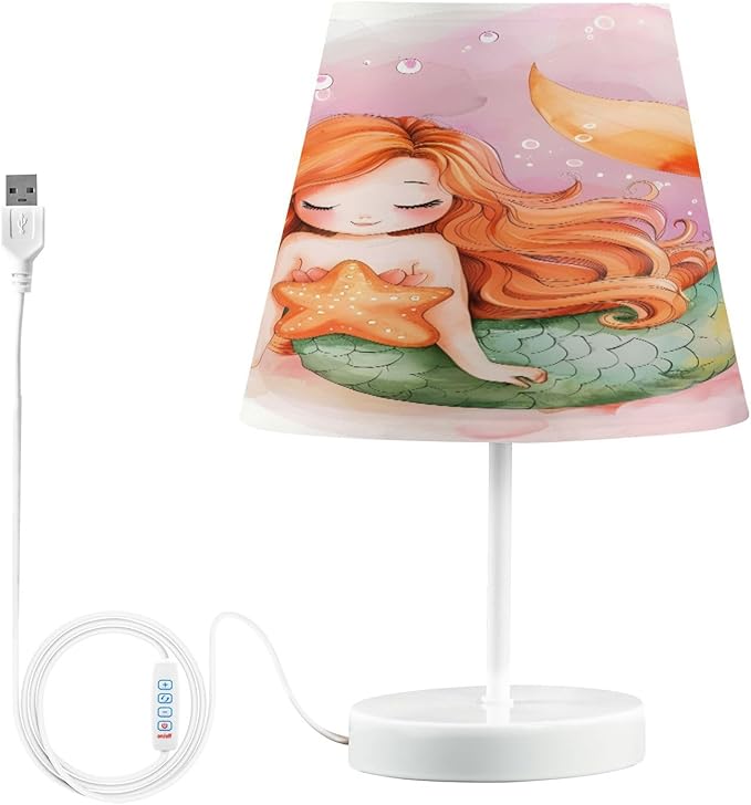 ALAZA Starfish Watercolor Mermaid Decor Bedside Table Lamp with USB Port 3 Color Temperatures LED Desk Lamp for Bedroom Office M