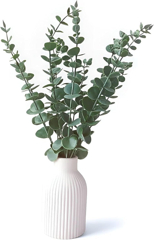 Faux Eucalyptus Stems in Ceramic Vase for Bathroom Counter Decor Artificial Eucalyptus Stems Decor for Coffee Table Fake Greenery Plants for Farmhouse Dining Table Centerpiece Decor