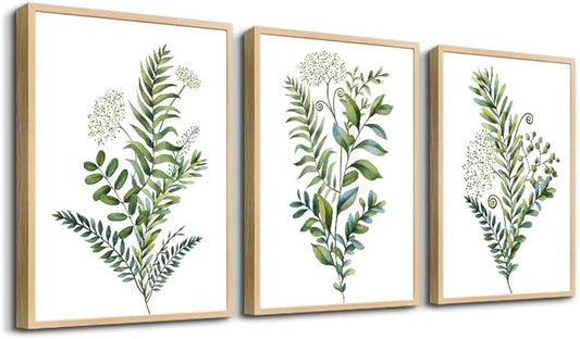 Natural Wood Frame 3 Pieces Framed Wall Art For Living Room Bathroom Wall Decorations Kitchen Wall Decor Canvas Print Decor Modern Simple Bedroom Home Decoration Green Leaves Poster Wall Paintings