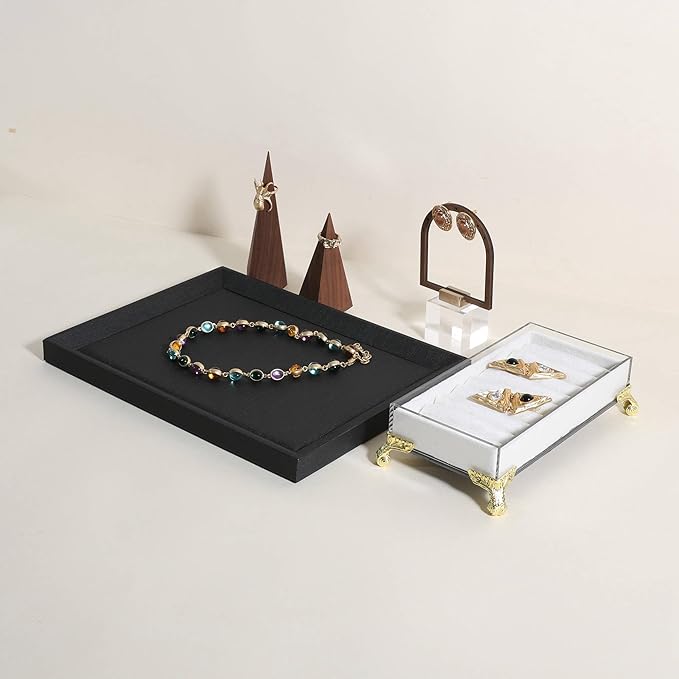 GemeShou Gemehou faux PU leather Jewelry Viewing Tray, Stackable Jewelry Plate, Rectangle Jewelry showcase, Empty Jewelry tray for Necklace Bracelet Ring Earring Watch (Black-Medium, 11.8 x 9.1 in)