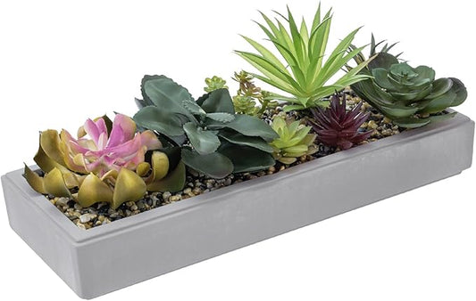 MyGift 15 Inch Mixed Color Assorted Artificial Succulent Plant Arrangement in Modern Gray Clay Planter Tray