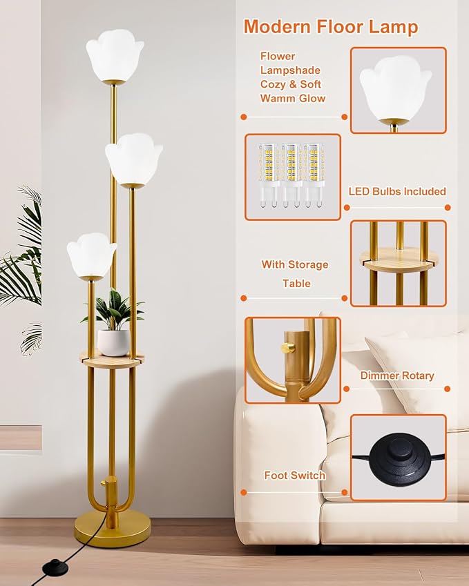Lightdot 63IN Floral Floor Lamp 3-Lights Flower LED Floor Lamps with 3000K Bulbs Included Candle Holder Style for Wedding Party Modern Gold Tall Floor Lamp for Living Room/Sofa Beside/Corner Decor