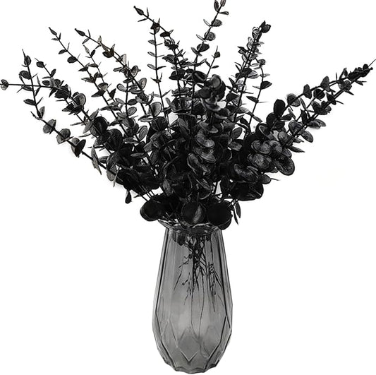TIHOOD 38PCS 15” Black Artificial Eucalyptus Stems Faux Halloween Flowers Eucalyptuses Real Touch Leaf Centerpiece Home Decor