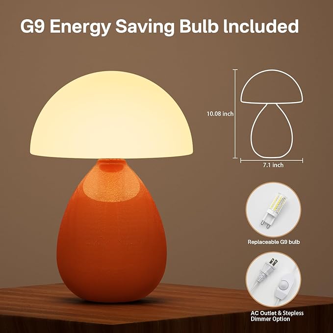 Mushroom Lamp Table Lamp for Bedroom,Desk Lamp Bedside Small Lamps for Living Room Night Stands,Table Lamps Cute Modern Mid Century Lamps,Unique Ice Crackle Ceramic Living Room Decor(Orange)