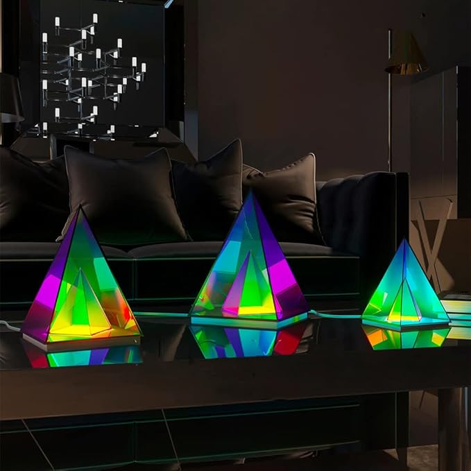 'Pyramid' Modern Table Lamp, Simplistic and Innovative Design, Colorful Transparent LED Desk Light, Unique Warm Decorative Night Light, 3D Acrylic Home Decor (Large)