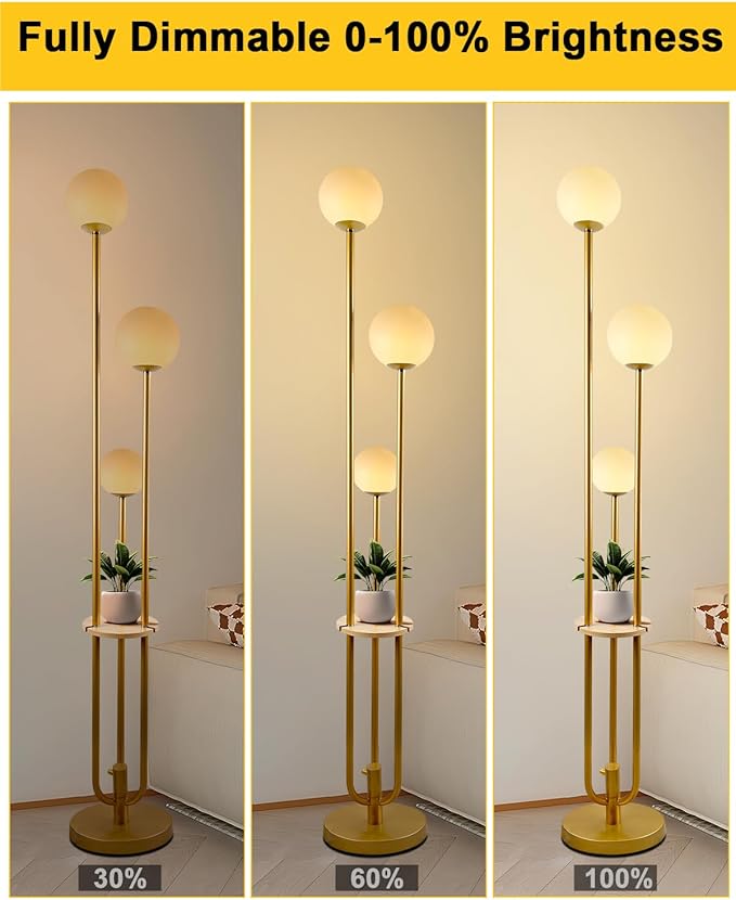 Lightdot 63IN Dimmable Gold Floor Lamp with Shelf Mid Century Standing Lamps with 3000K Bulbs Included with Candle Holder Style Modern Globe Floor Lamp for Living Room/Party/Sofa Beside/Corner Decor